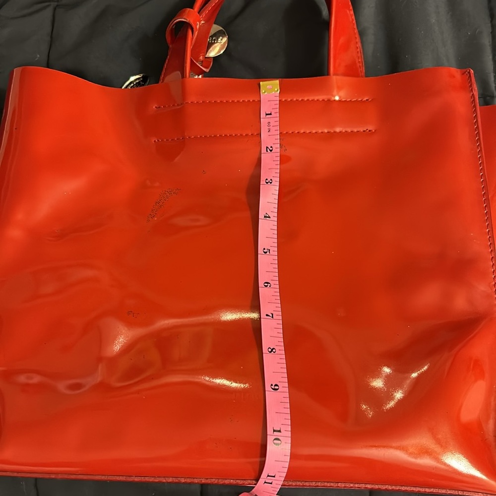 Furla Red Patent Leather Structured Divide It Tote Bag Silver Logo Charm - Picture 11 of 16